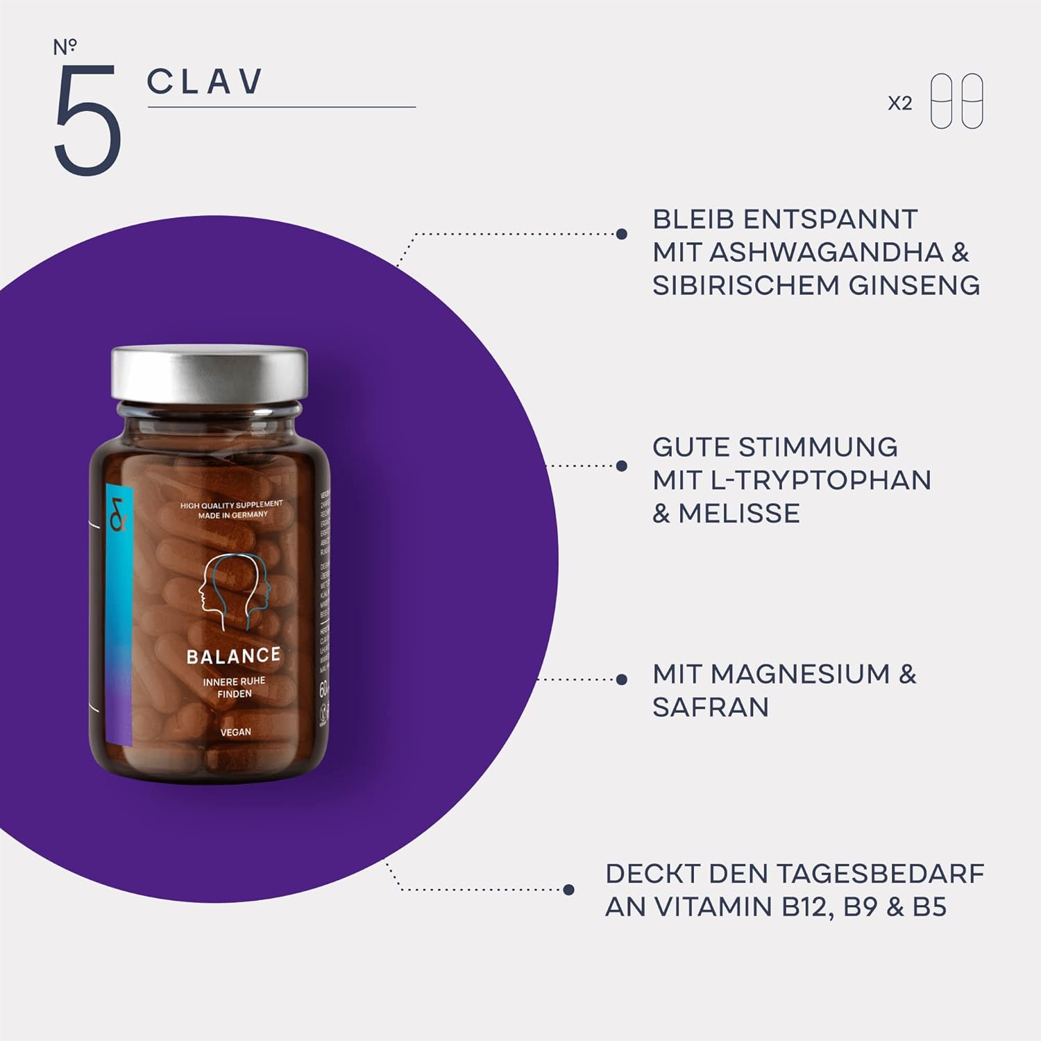 Schlaf-Magnesium mit Melatonin – Natürlich einschlafen & durchschlafen – CLAV Mood Set - N°5 Balance Dopamine Booster + N°6 Recover Better Sleep with Melatonin High Dose + Griffonia 5-HTP + Vitamin B6 - Anti-Stress Nerve Food for a Good Mood – Bild 3