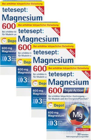 Magnesium 600 mg – tetesept Magnesium 600 Triple Action Depot - High Dose - Dietary Supplement for Muscles, Nerves and Energy Metabolism - 4 x 30 Tablets