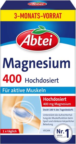 Magnesium 400 mg – Abtei Magnesium 400 - Magnesium Tablets to Support Healthy Muscle Function - High Dose, 400 mg Magnesium - Gluten Free, Lactose Free, Vegan - Supply Pack for 3 Months, 90 Tablets