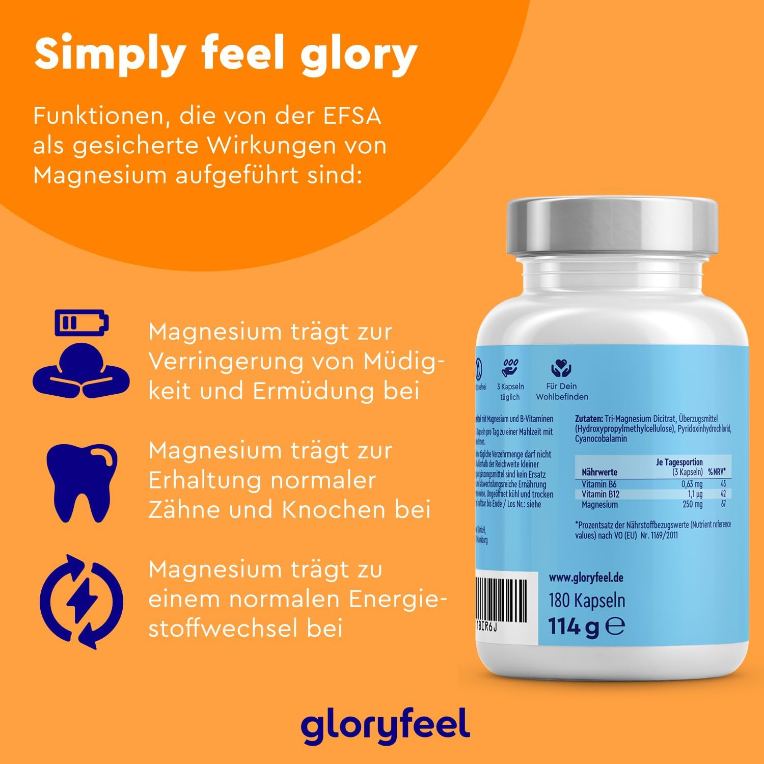 Magnesium 250 mg – Premium Magnesium Citrate 2,580 mg High Dose – 400 mg Elementary Magnesium Plus Vitamin B12 and B6 Per Daily Dose – 180 Vegan Capsules without Additives – Manufactured and Laboratory-Tested in Germany – Bild 5
