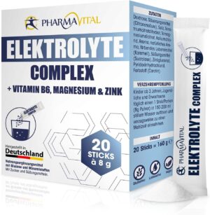 Magnesium Komplex mit B6 & Zink โ Electrolyte Complex, Electrolytes + Vitamins, Supports Water Balance, Nervous System, with Vitamin B6 Potassium Chloride Magnesium Zinc Sodium 20 Powder Sticks 8 g Each for Dissolving in