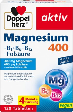 Magnesium 400 mg – Doppelherz Magnesium 400 + B1 + B6 + B12 + Folic Acid, Magnesium Supports Normal Muscle Function and Energy Metabolism, 120 Vegan Tablets