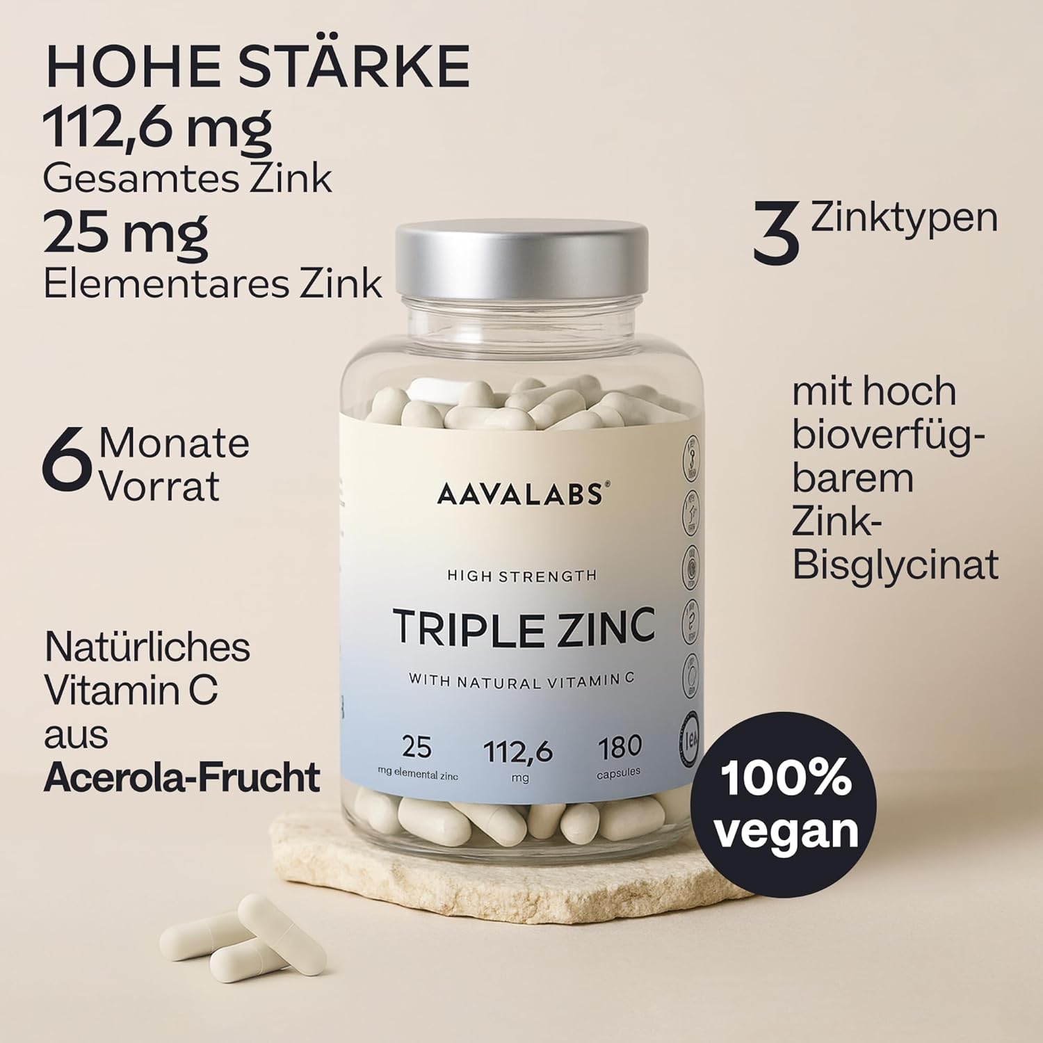 Magnesium Komplex mit B6 & Zink – AAVALABS® - Premium Zinc Tablets - 25mg - Comprehensive Mix - 3 x Types of Zinc - Zinc Bisglycinate (Zinc Chelate), Zinc Picolinate and Zinc Monomethionine - 180 Tablets - Laboratory Tested and Vegan – Bild 3