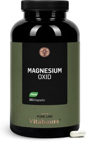 Magnesium 400 mg – Vitabaum Magnesium Oxide - 667 mg, of which 400 mg Elementary Magnesium Per Capsule - High Dose - 365 Capsules for 1 Year - Vegan, Gluten Free, Lactose Free