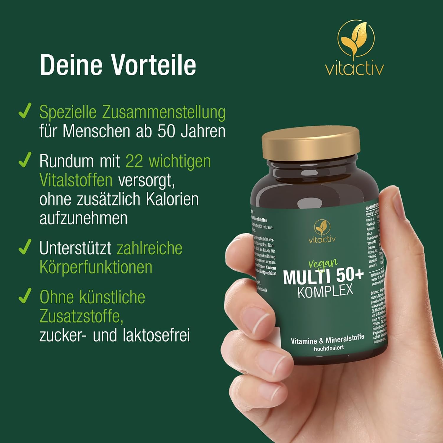 Magnesium Komplex mit B6 & Zink – Vitactiv MULTI 50 Plus Multivitamin Complex for People from 50 - Vitamins, Minerals, Trace Elements - Vitamin B, C, E, K, D, Magnesium, Calcium, Zinc - High Dosage, Hormone-Free, No Iodine - 60 Capsules – Bild 5