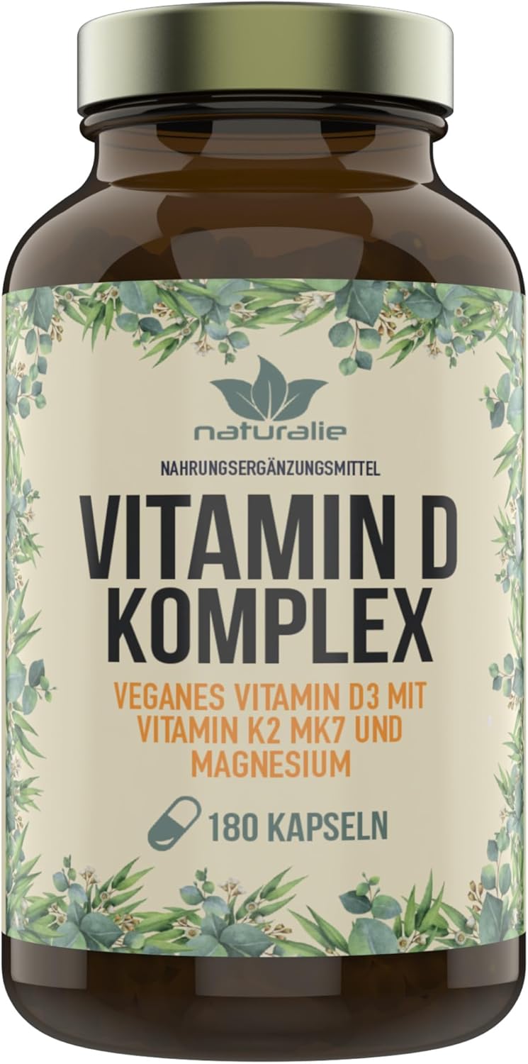 Magnesium Komplex mit B6 & Zink – naturalie® Vitamin D Complex | Vitamin D3 + Vitamin K2 MK7 (K2VITAL®) and Magnesium | Vegan and without Unnecessary Additives | 180 Capsules in Brown Glass No Plastic | Tested for Harmful Substances