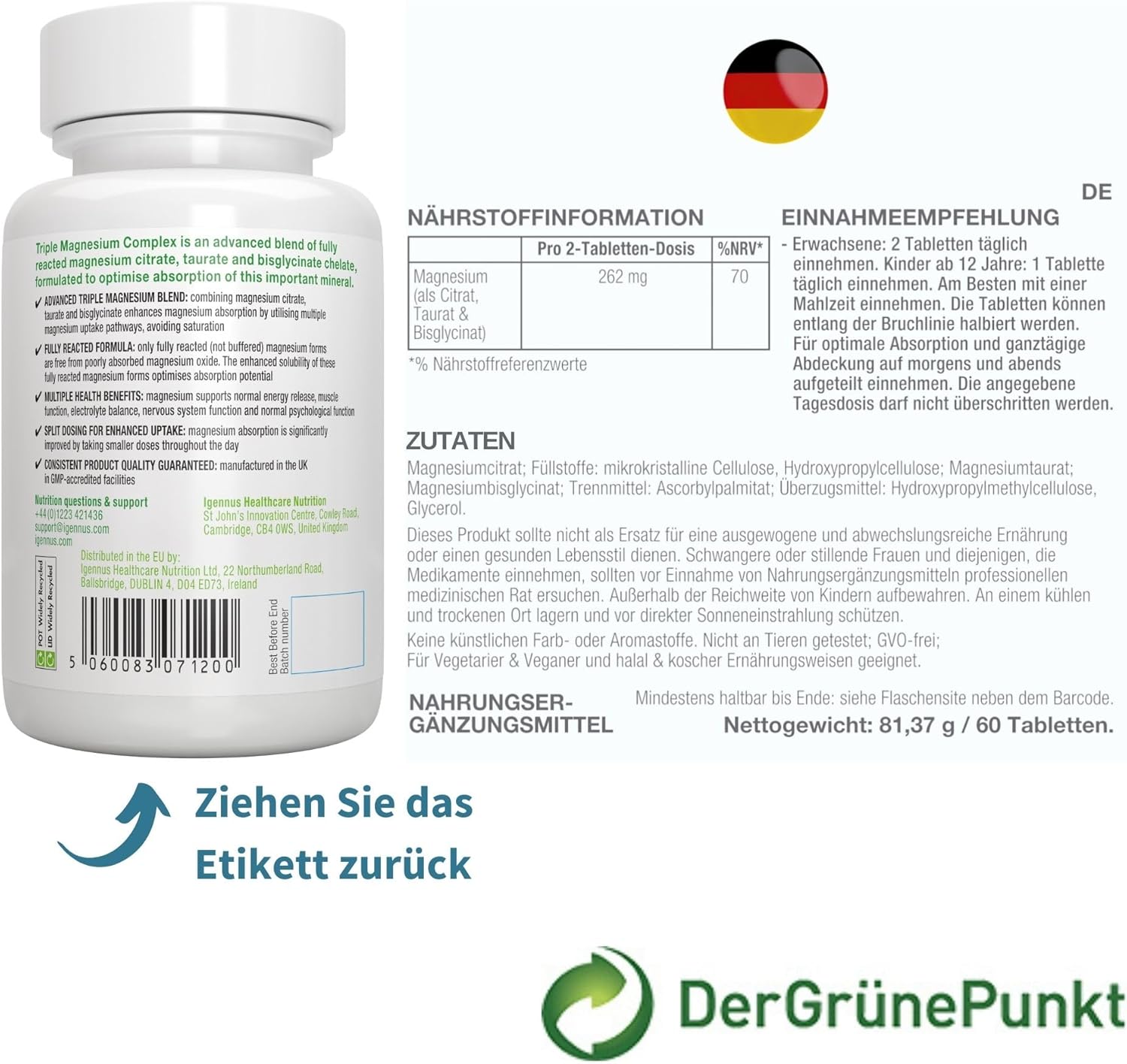 Magnesium Komplex mit B6 & Zink – Igennus Advanced Triple Magnesium Complex, Fully Reacted & Chelated Glycinate, Taurate & Citrate, Clean Label, High Bioavailability & Absorption, 60 Tablets, Vegan – Bild 6
