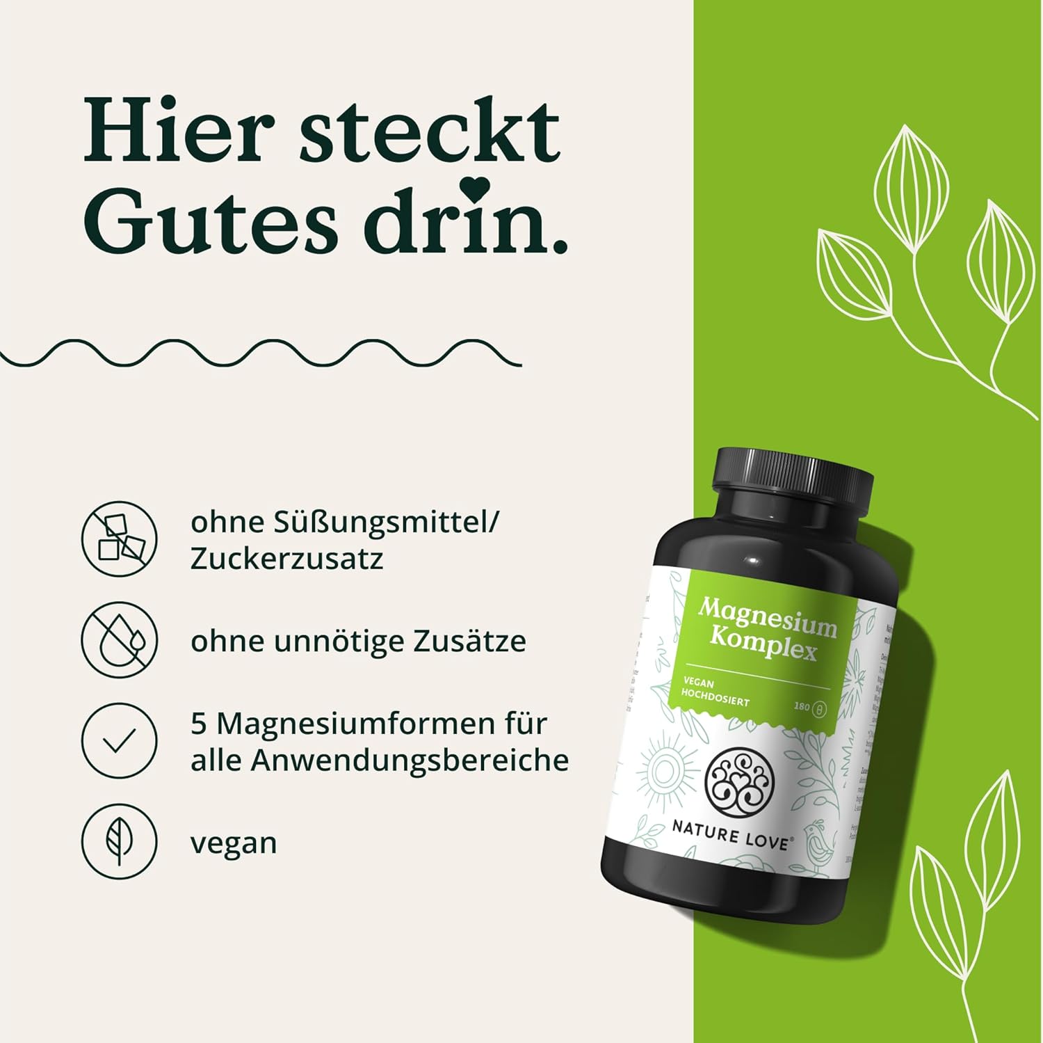 Magnesium Komplex mit B6 & Zink – NATURE LOVE® Magnesium Complex - 180 Capsules - 400 mg Elementary Magnesium per Daily Dose - Magnesium Citrate, Magnesium Oxide, Magnesium Bisglycinate, Magnesium Malate, Magnesium Scorbate – Vegan, – Bild 5