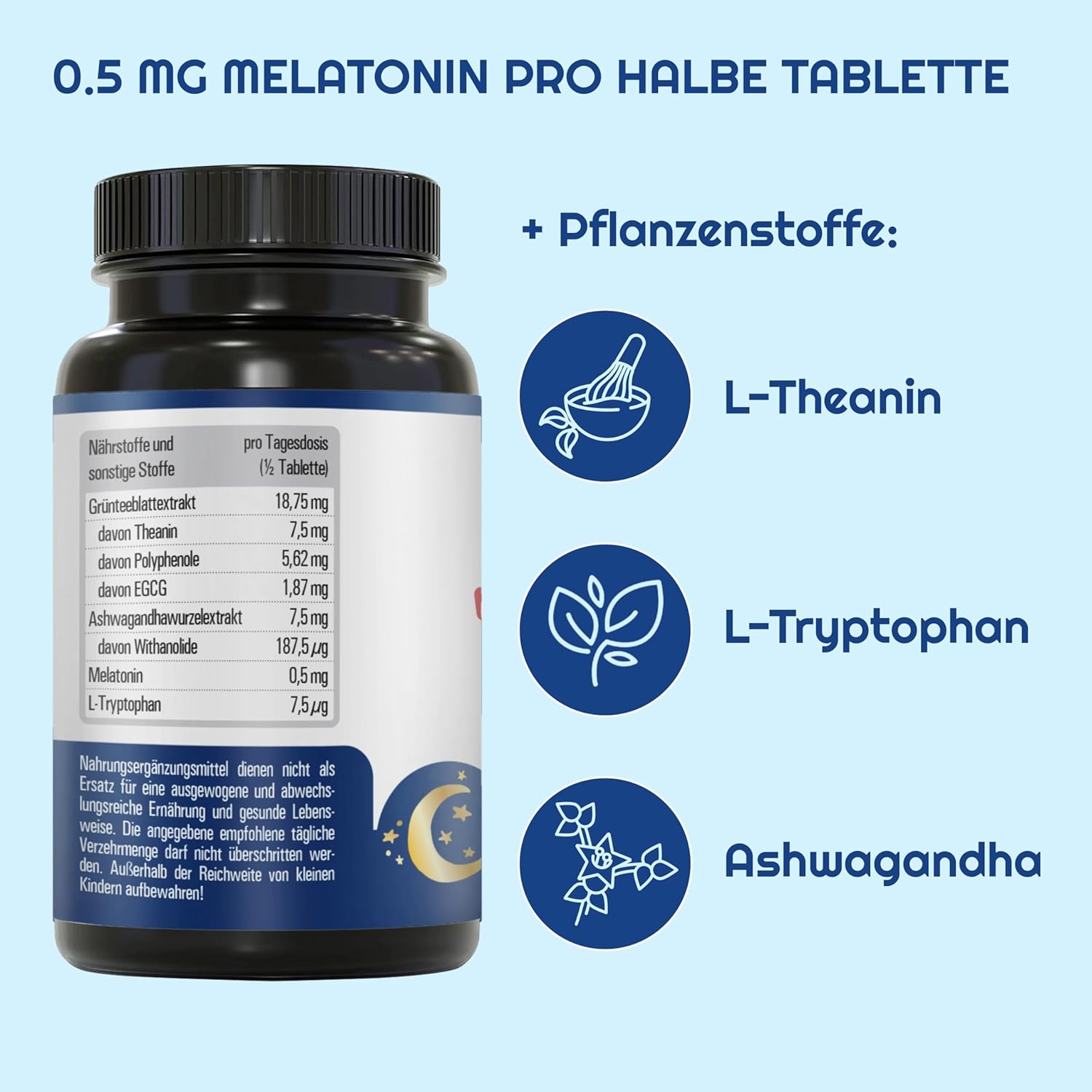 Schlaf-Magnesium mit Melatonin – Natürlich einschlafen & durchschlafen – Vihado Melatonin Tablets High Dose - 370 Nights Forte Complex Vegan - Pure without Additives - Plus L-Theanine, L-Tryptophan, Ashwagandha, 185 Tablets, Melatonin, 1 – Bild 5