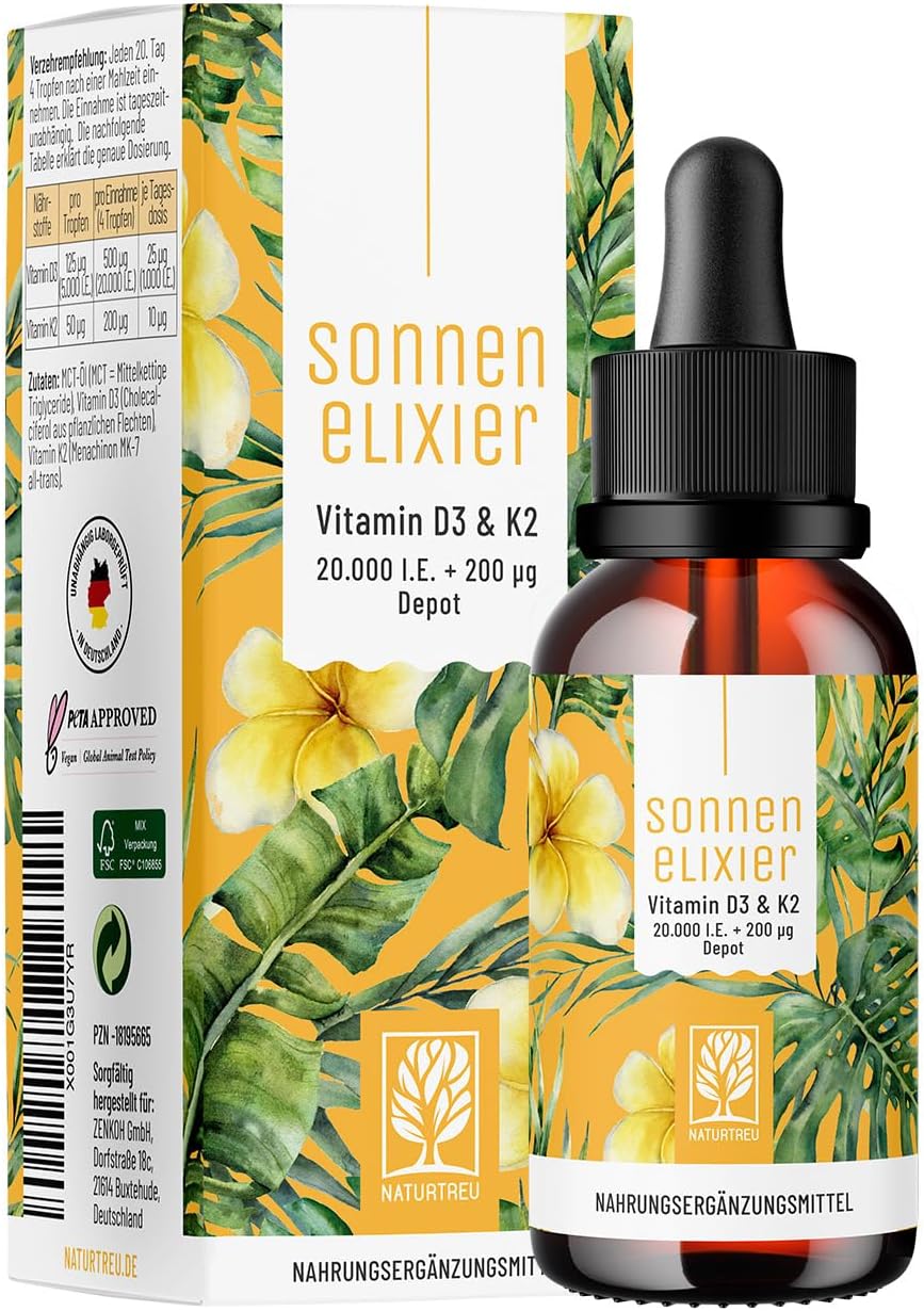 Magnesium Komplex mit B6 & Zink – NATURTREU Vitamin D3 K2 Drops High Dose & Vegan - 20,000 IU Vitamin D3 + K2 MK7 200 mcg per Dose (Depot)