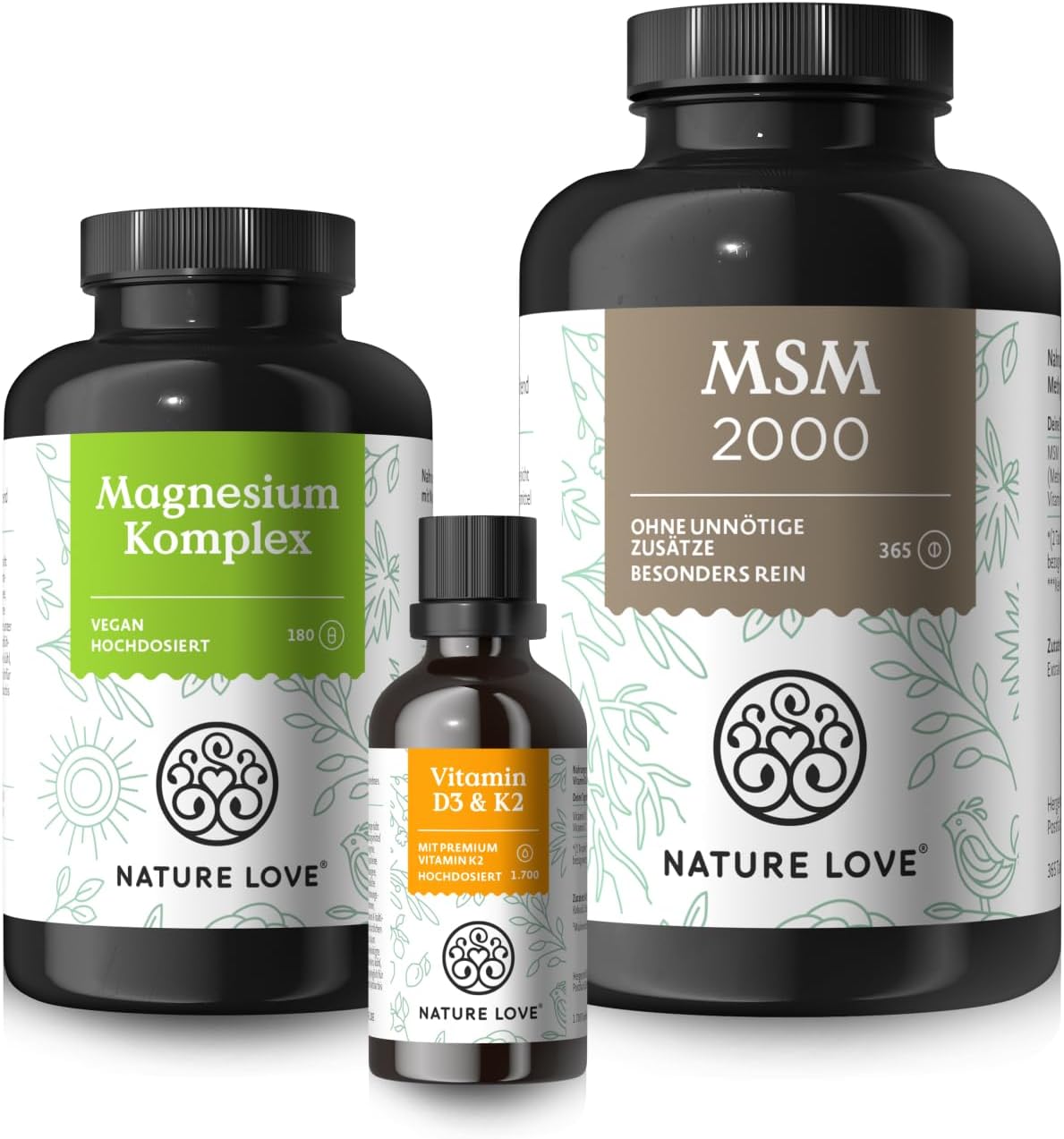 Magnesium Komplex mit B6 & Zink – NATURE LOVE® Bone & Mobility Set - Magnesium Complex, Vitamin D3+K2 and MSM Tablets with Vitamin C - Ideal for Your Bones & Mobility - High Dose