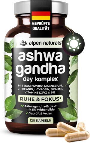 Magnesium 600 mg – Ashwagandha Complex Day Formula - 120 Capsules with Ashwagandha, Rose Root, Brahmi, Magnesium & Vitamins B & D3/K2 - High Dose, Vegan & Laboratory Tested - Made in Germany