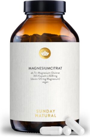 Magnesium 400 mg – SUNDAY NATURAL Magnesium Citrate Capsules High Dose - 365 Capsules - Per Daily Dose 360 mg Pure Magnesium Without Additives - Premium Magnesium Citrate - Laboratory Tested, Vegan, No Other Additives