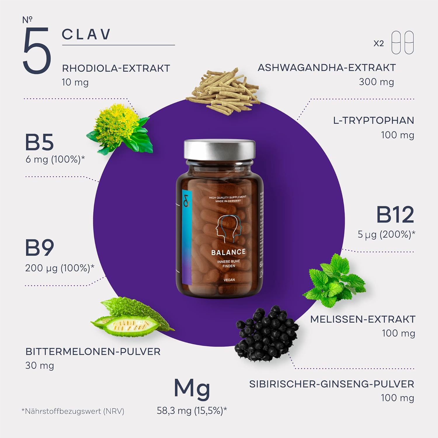 Magnesium Komplex mit B6 & Zink – N°5 Balance - Serotonin & Dopamine Capsules with Ashwagandha, Rhodiola & Saffron - Magnesium, Vitamin B12, B5 & B9 - For Inner Balance & Nerves - 60 Capsules - Vegan – Bild 2