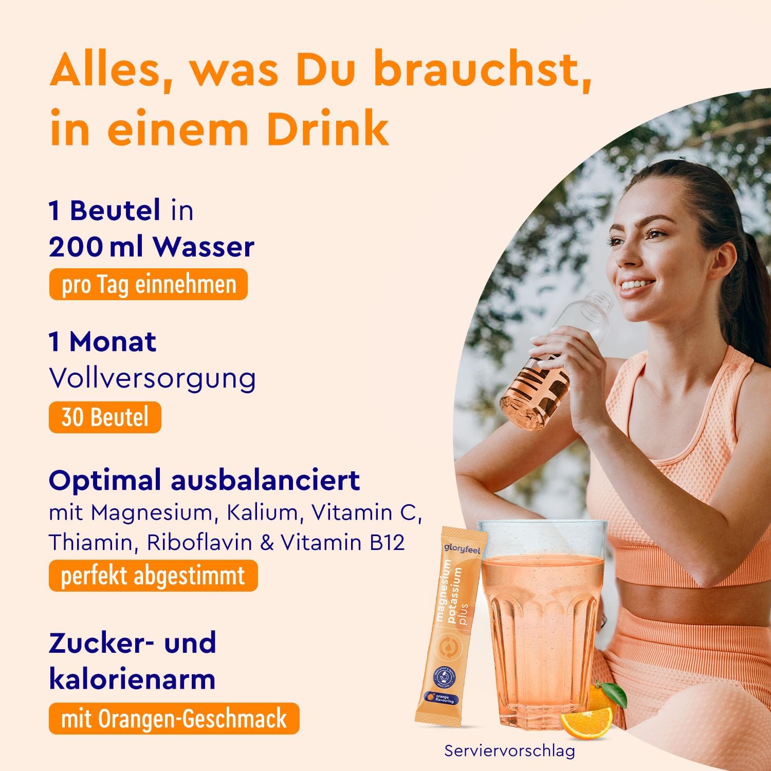 Magnesium Komplex mit B6 & Zink – Magnesium Potassium + Vitamins - 30 Bags - Pure Citrate Shapes - Electrolyte Balance, Muscle Function & Reduction of Fatigue* - With Vitamin B, C, Thiamine & Riboflavin - Orange Flavour – Bild 2