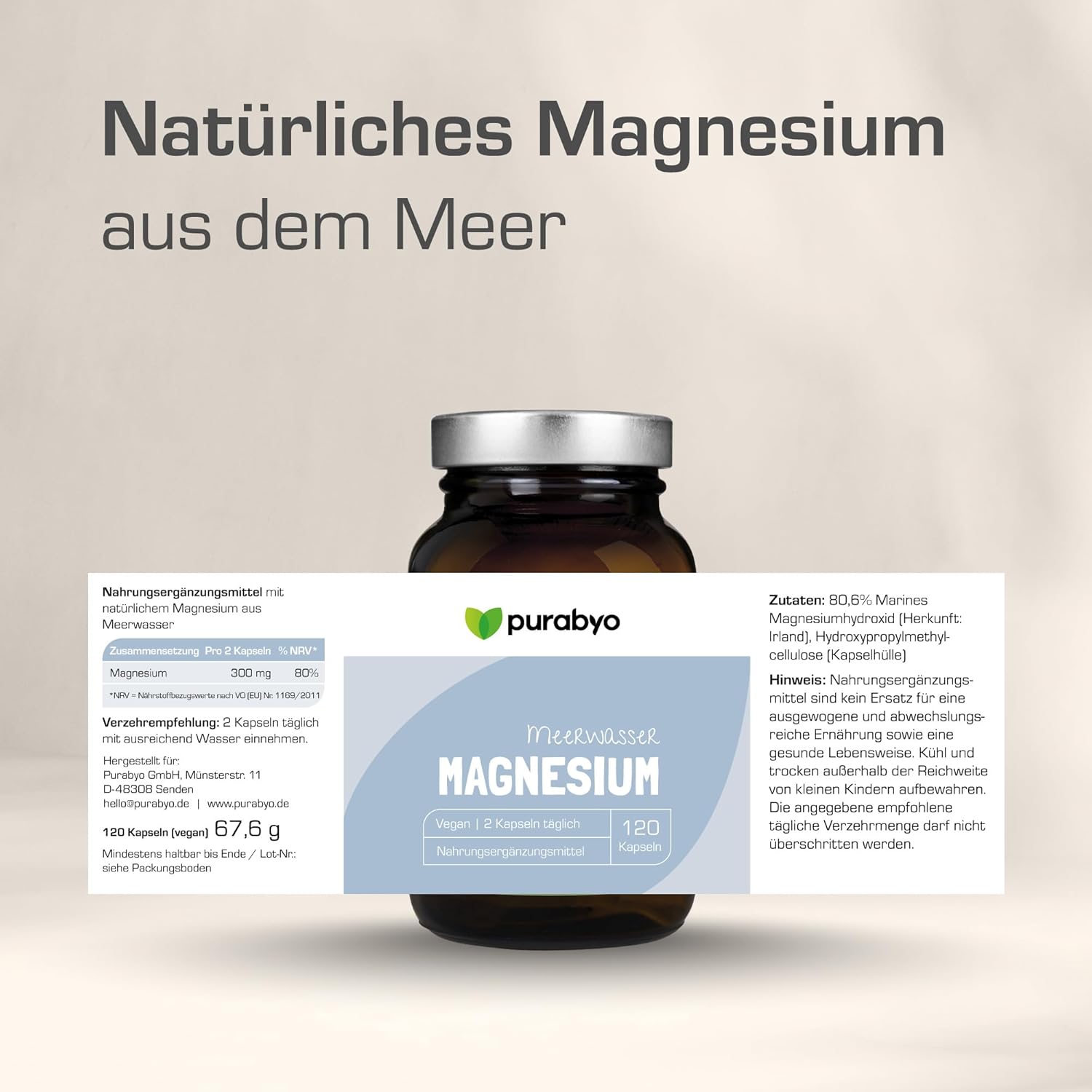 Magnesium Komplex mit B6 & Zink – Magnesium Complex Vegan Magnesium Capsules in Glass High Dose Branded Raw Material Aquamin 300 mg Elementary Magnesium Made from Sea Water Vegan, Laboratory Tested and Made in Germany – Bild 6