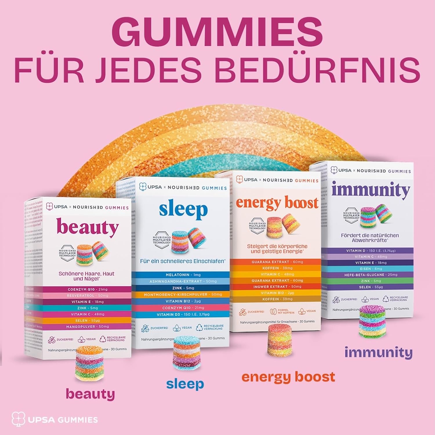Magnesium 600 mg – UPSA X NOURISHED Gummies 7-in-1 Beauty Dietary Supplement Skin, Hair, Nails - Coenzyme Q10, Selenium, Zinc, Vitamins C & E - Sugar Free & Vegan - Fruity Taste - 1 Month Treatment - 30 Gummies – Bild 5