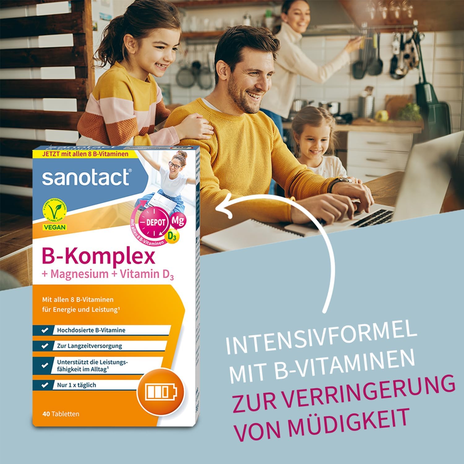 Magnesium Komplex mit B6 & Zink – sanotact B Complex + Magnesium + Vitamin D3 (60 Tablets) • High Dose B Vitamins with Depot & Long-Term Effect • 100% Vegan • Vitamin B1, B2, B6, B12, D3, Biotin, Folic Acid, Magnesium – Bild 8