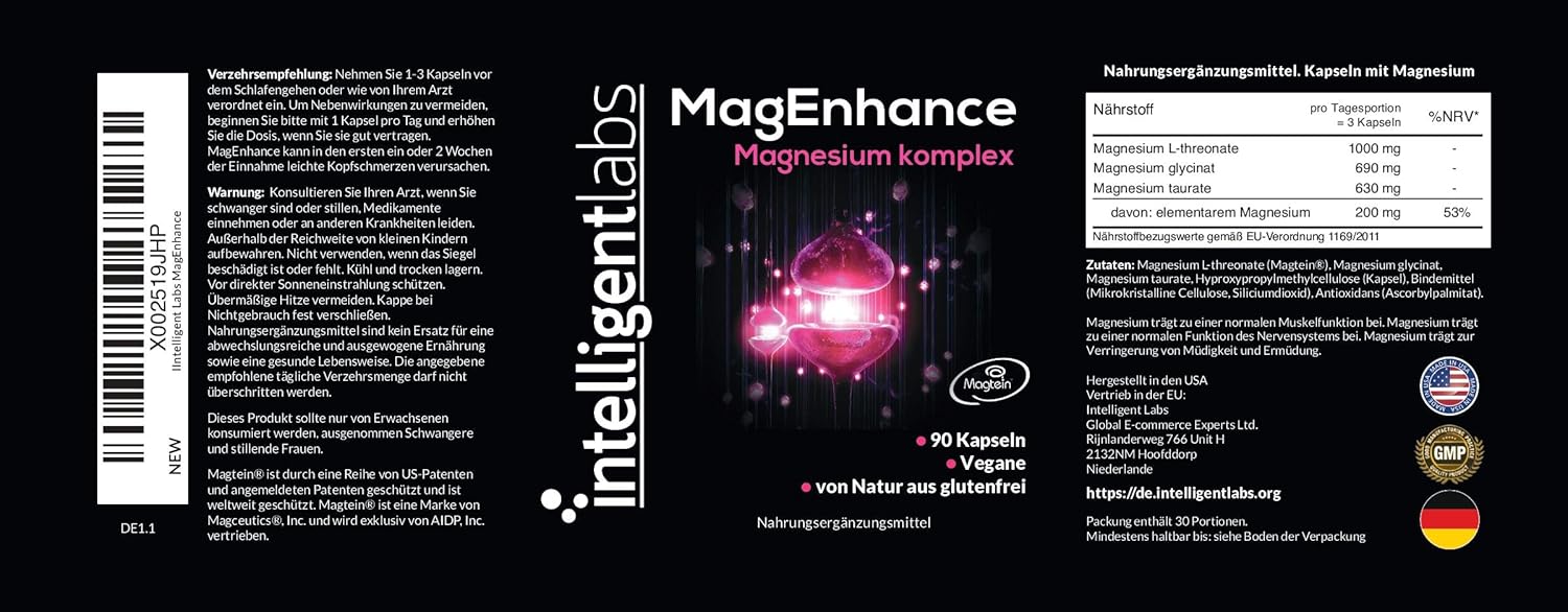 Magnesium Komplex mit B6 & Zink – Intelligent Labs MagEnhance Magtein Magnesium L Threonate Complex High Dose Magnesium Complex Magnesium Glycinate Taurate, 90 Capsules – Bild 6