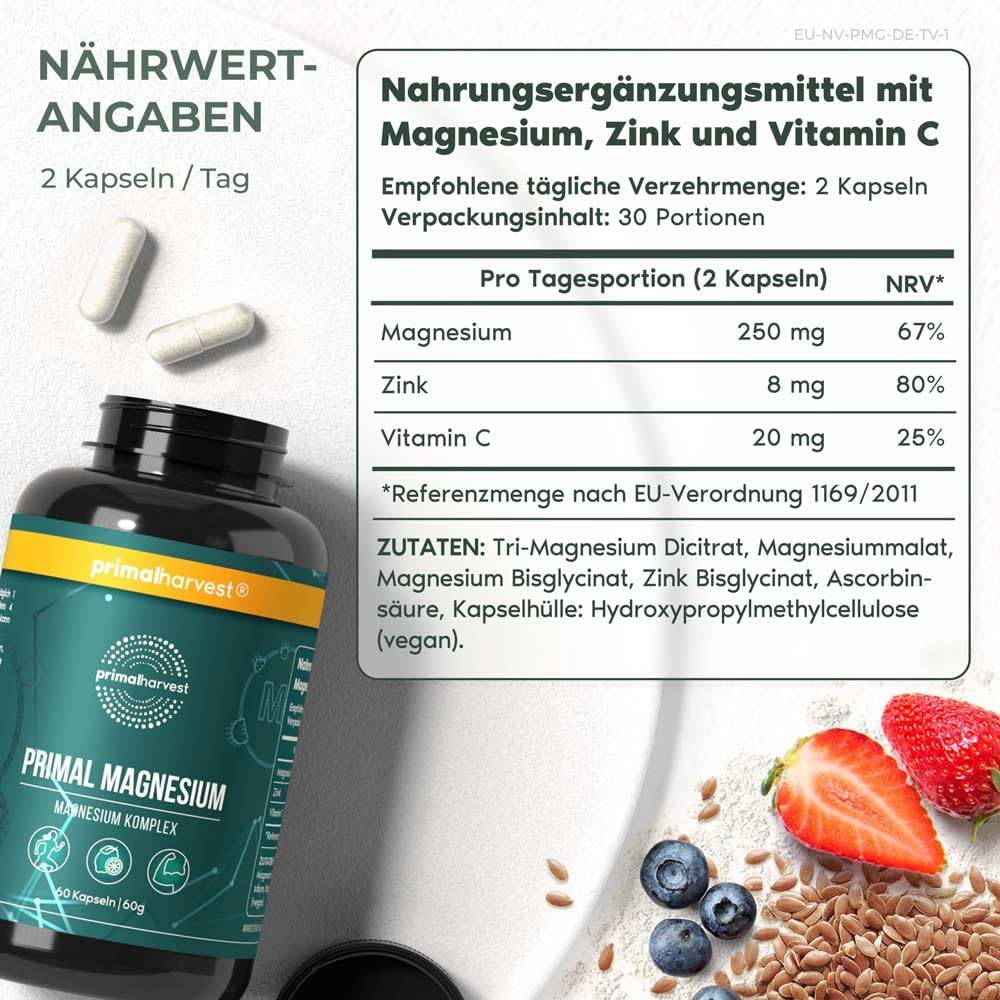 Magnesium Komplex mit B6 & Zink – Primal Harvest Primal Magnesium Capsules with Vitamin C and Zinc, Magnesium Complex for Men and Women – Bild 2