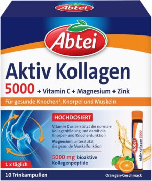 Magnesium 600 mg โ Abtei Active Collagen 5000 Dietary Supplement for Healthy Bones, Cartilage and Muscles, with Vitamin C, Magnesium and Zinc, 1 x 10 Drinking Ampoules of 25 ml