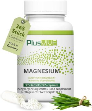 Magnesium 600 mg – PlusVive - magnesium capsules - high dosage: 700 mg of natural magnesium derived from seawater per capsule, 365 vegan capsules, made in Germany.