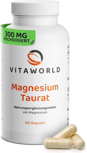 Magnesium 400 mg – Vitaworld Magnesium Taurate Capsules - Magnesium Taurate High Dose 300 mg per Day (120 Vegan Capsules) - Ideal for Muscle Function & Energy Metabolism - No Additives, Gluten Free & Lactose Free
