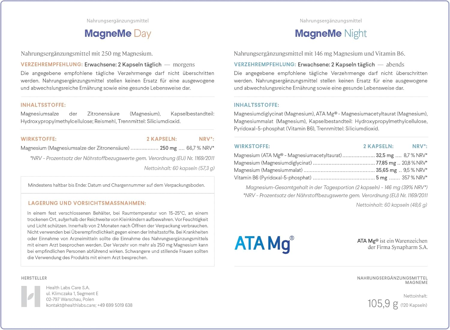 Schlaf-Magnesium mit Melatonin – Natürlich einschlafen & durchschlafen – Health Labs Care MagneMe Day and Night - Magnesium with Vitamin B6-4 Magnesium Forms: Citrate, Bisglycinate, Taurate & Malate - High Dose - Vegan - Laboratory Tested - 120 Capsules – Bild 8