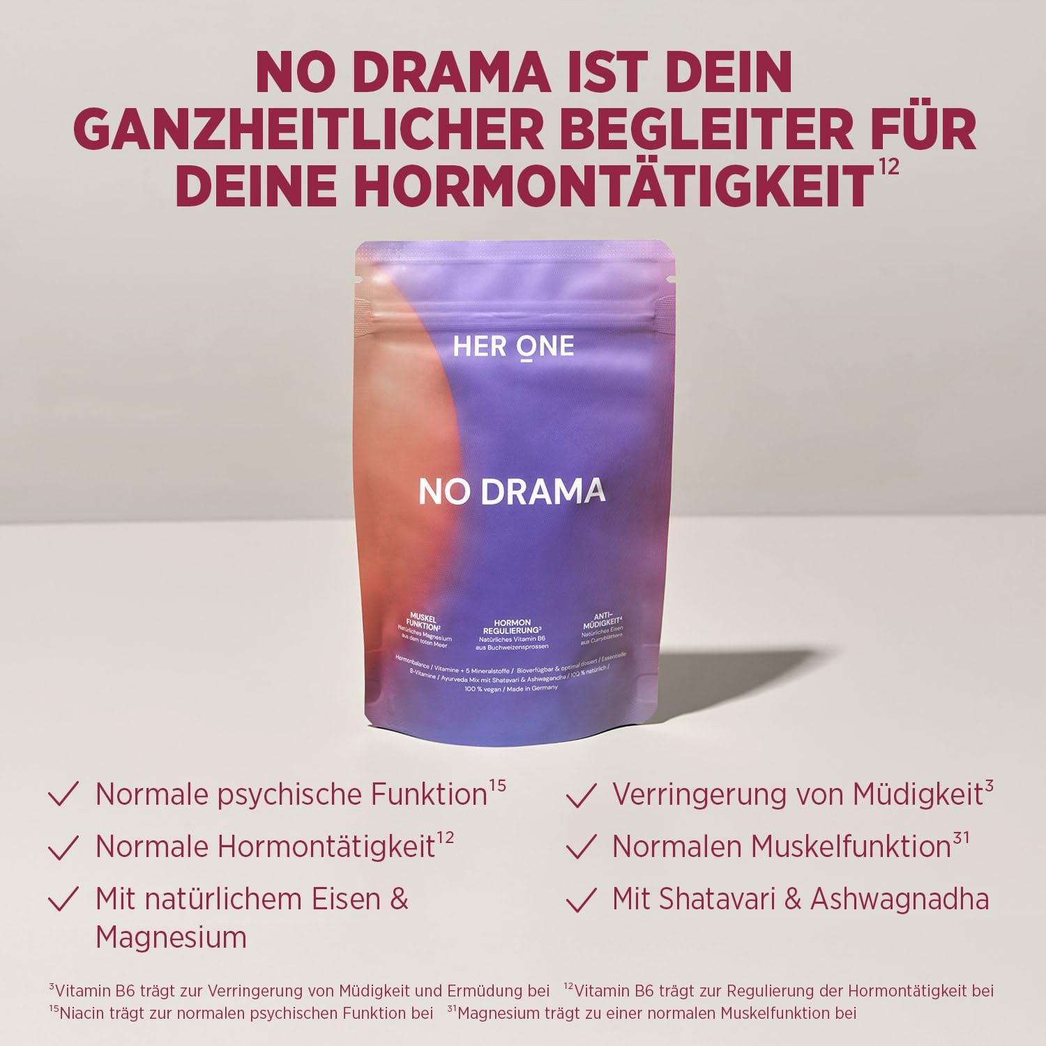Magnesium Komplex mit B6 & Zink – HER ONE NO DRAMA Hormones & Balance Ashwagandha Capsules with Magnesium Complex, Iron & B Vitamins Ayurveda Ginseng for Women Female Balance Vegan & Gluten Free 100% Natural 60 Capsules – Bild 2