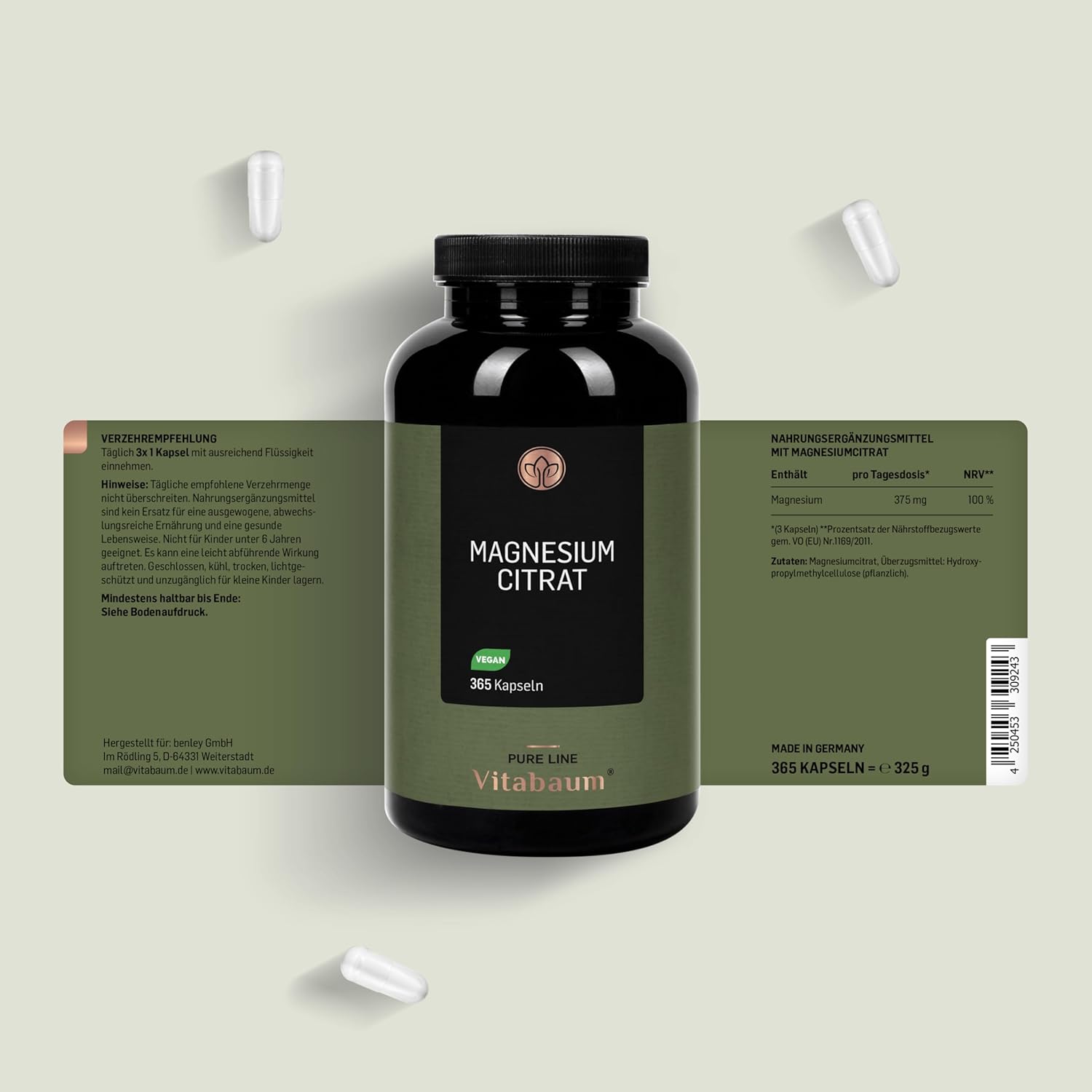 Magnesium 600 mg – Vitabaum Magnesium Citrate - 375 mg Magnesium per Daily Dose - Supports Energy Metabolism - 365 Capsules - 4 Month Supply - Vegan, Gluten Free, Lactose Free – Bild 5