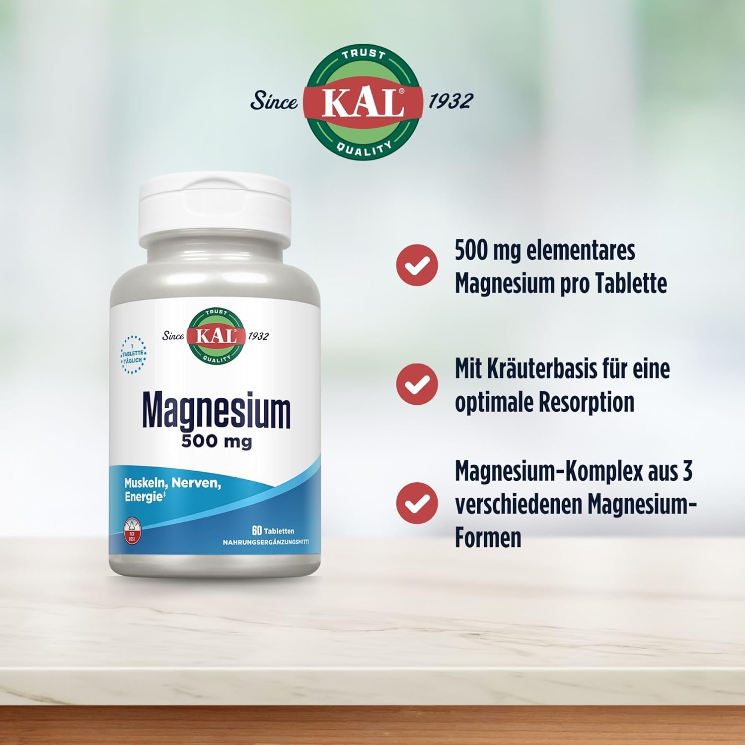 Magnesium 600 mg – KAL Magnesium, 500 mg, 60 tablets, laboratory tested, dietary supplement with L-arginine and L-glutamine, energy production of the body, healthy function of nerves and muscles – Bild 3