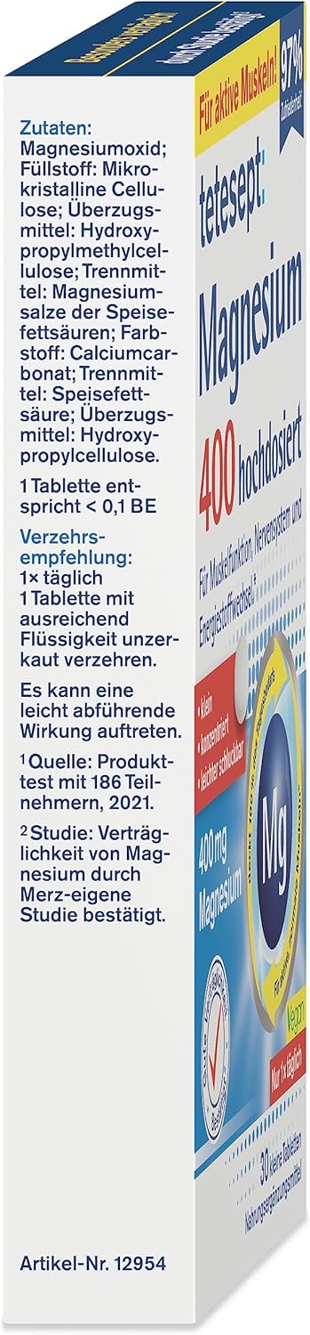 Magnesium 400 mg – tetesept Magnesium 400 High Dose - Dietary Supplement with Magnesium - Easily Swallowable Magnesium Tablets for Active, Normal Muscles* - 1 x 30 Tablets (Pack of 5) – Bild 9