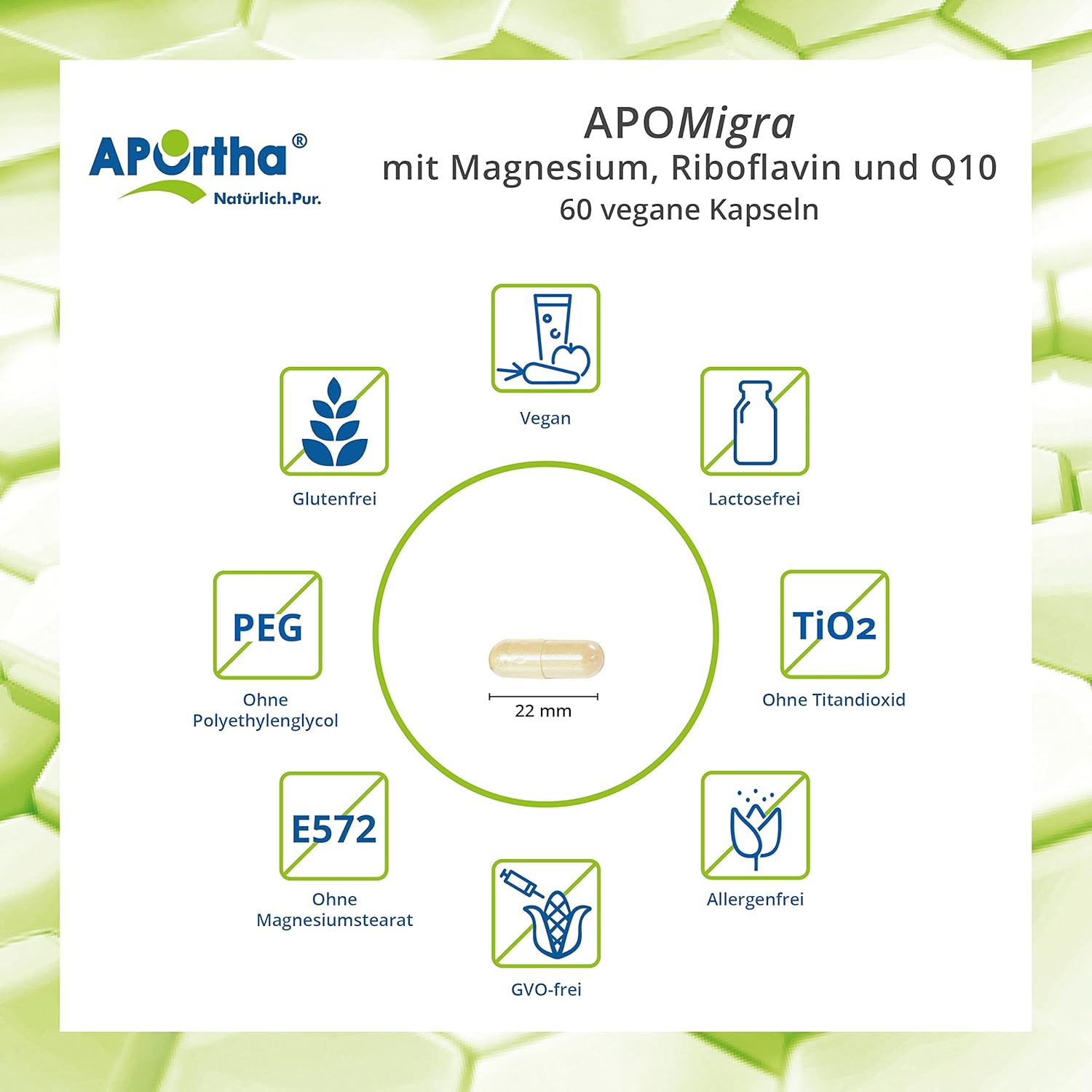 Magnesium 250 mg – APOrtha® APOMigra, 60 Vegan Capsules, Nutrient Complex with 250 mg Magnesium, 2.8 mg Riboflavin and 100 mg Q10 per Day Consumption, Optimised with Vitamin B12, Vegan, Gluten-Free, Lactose-Free, – Bild 3