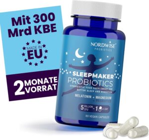 Schlaf-Magnesium mit Melatonin – Natürlich einschlafen & durchschlafen – NORDWISE Sleepmaker Probiotic Capsules with Melatonin High Dose I 2-Month Supply (300 Billion CFU per Package) - Sleeping Tablets with Digestive Support | With Magnesium & B6