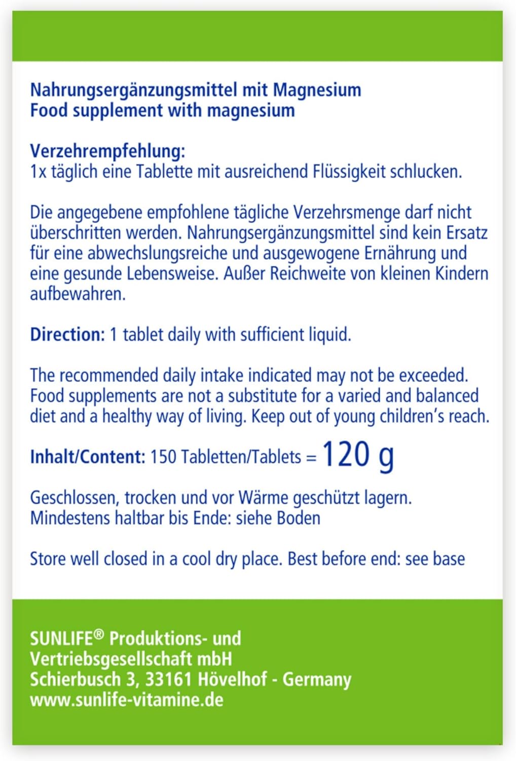 Magnesium 250 mg – Sunlife Magnesium Tablets 300 mg 150 Tablets – Bild 11