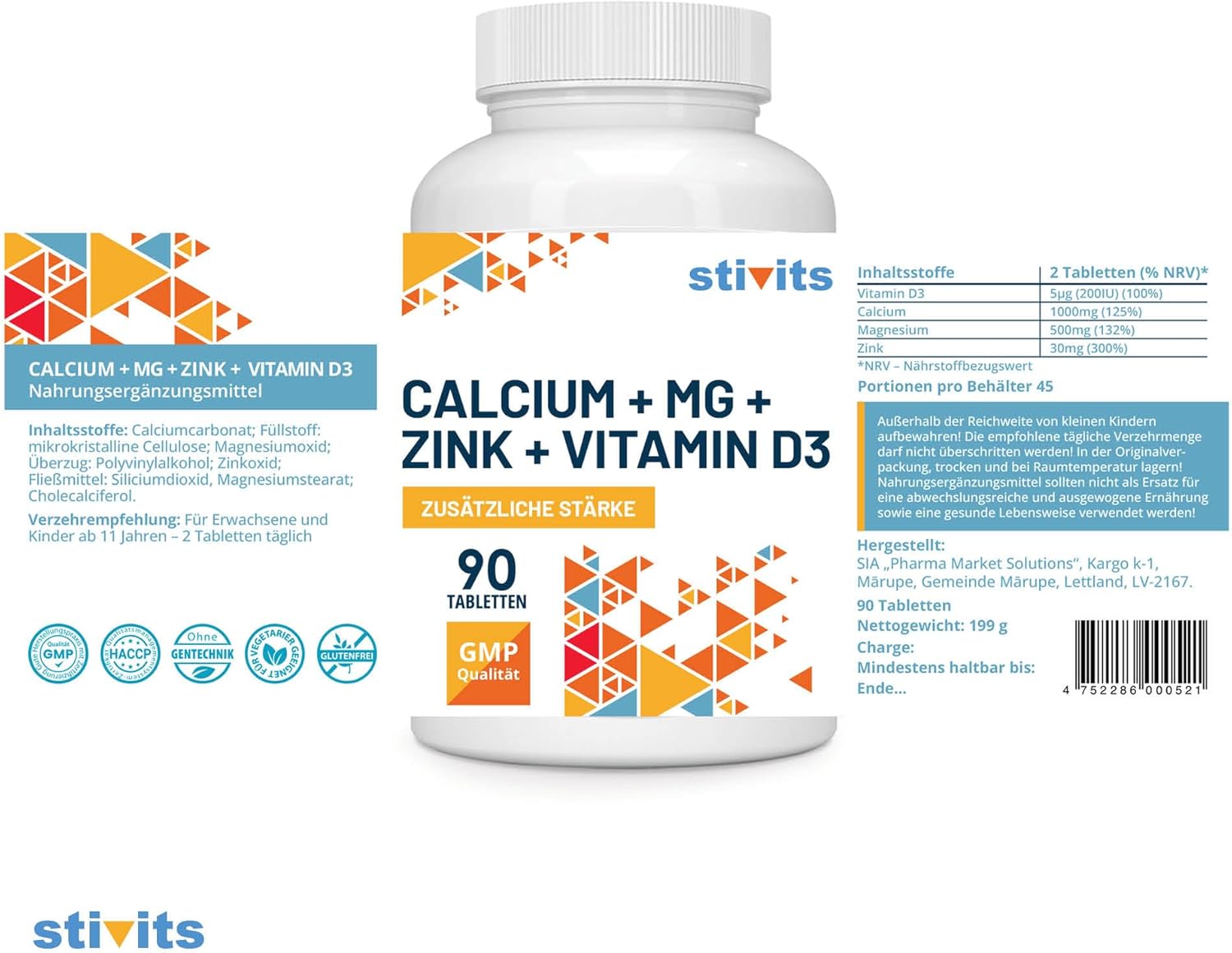 Magnesium Komplex mit B6 & Zink – Calcium Magnesium Zinc D3 Tablets - 90 Vegan Tablets for 1.5 Months - High Dose with Vitamin D3 - For Bones, Muscles, Immune System - No Additives - Made in EU – Bild 3