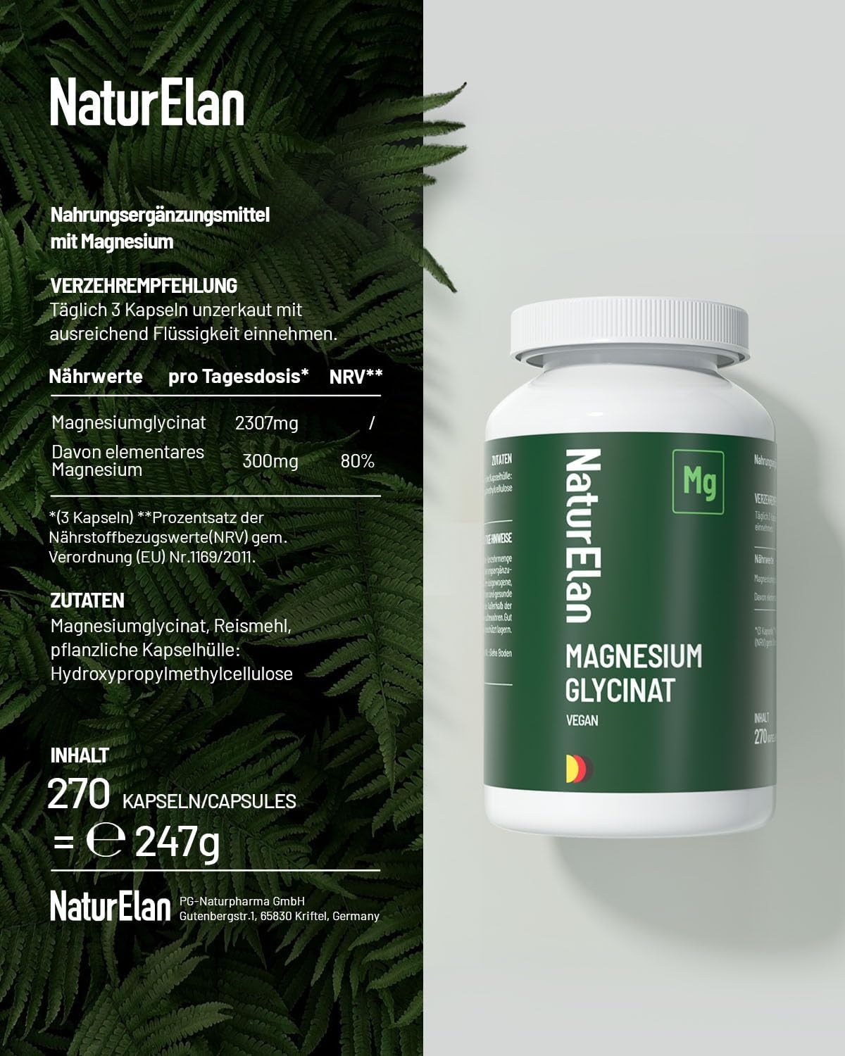 Magnesium 400 mg – Magnesium Glycinate High Dose Capsules - 270 Capsules, 300 mg Magnesium per Daily Dose, Vegan, Premium: Chelated Magnesium Bisglycinate, High Dose – Bild 5