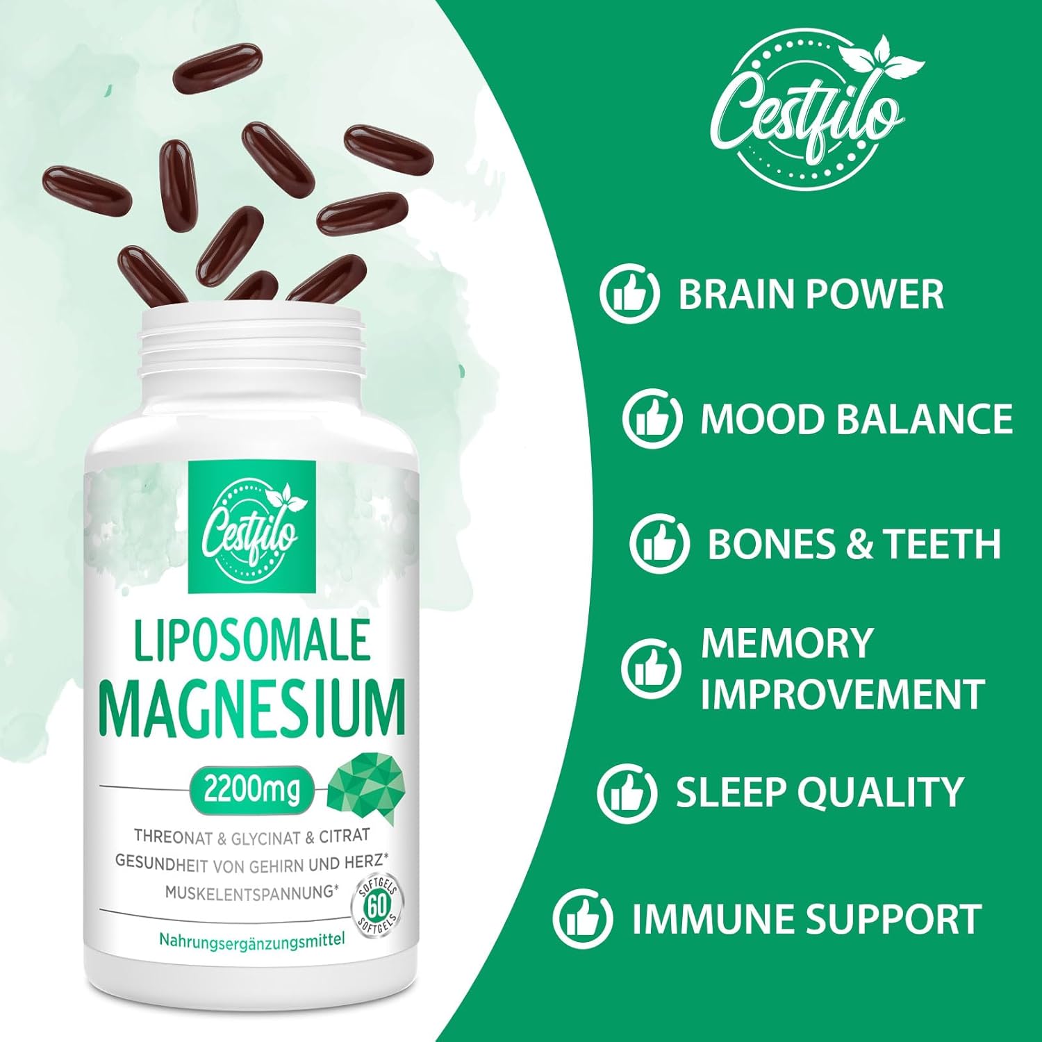 Magnesium 600 mg – Liposomal Magnesium Complex 2200 mg, Gluten-Free, 60 Soft Capsules, High Dose, Natural, Suitable for Women, Men (Pack of 60) – Bild 5