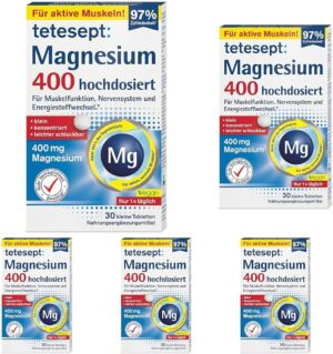 Magnesium 400 mg โ tetesept Magnesium 400 High Dose - Dietary Supplement with Magnesium - Easily Swallowable Magnesium Tablets for Active, Normal Muscles* - 1 x 30 Tablets (Pack of 5)