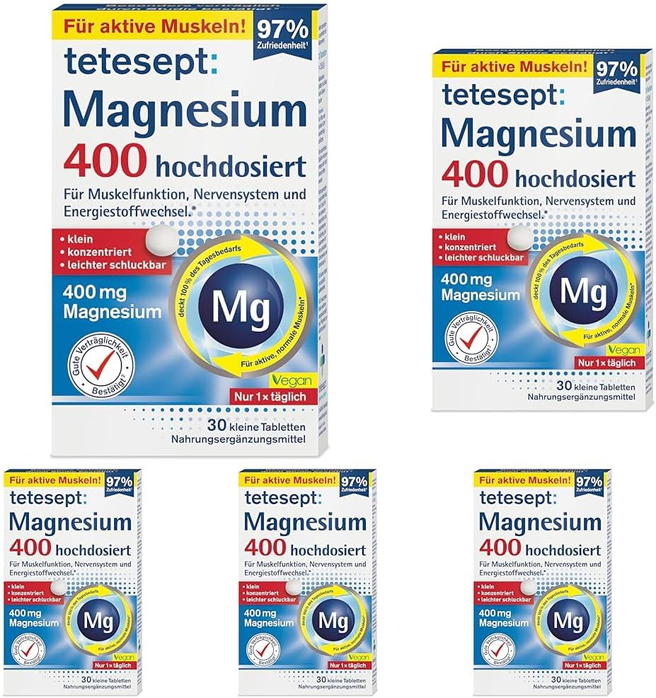 Magnesium 400 mg – tetesept Magnesium 400 High Dose - Dietary Supplement with Magnesium - Easily Swallowable Magnesium Tablets for Active, Normal Muscles* - 1 x 30 Tablets (Pack of 5)