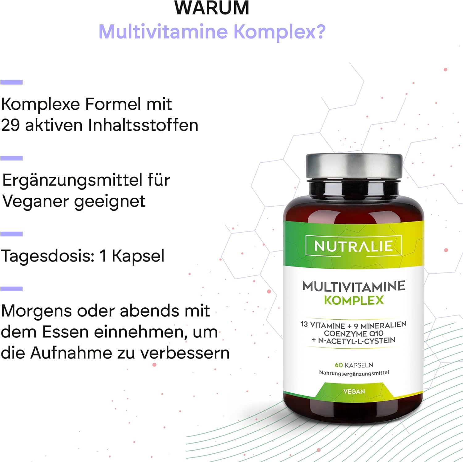 Magnesium Komplex mit B6 & Zink – Nutralie Multivitamin Capsules 29 Essential Nutrients, Vitamins A, B, C, D, E, K, Biotin, L-Cystein, Coenzyme Q10 and 9 Minerals, Multivitamin Complex 60 Capsules – Bild 3
