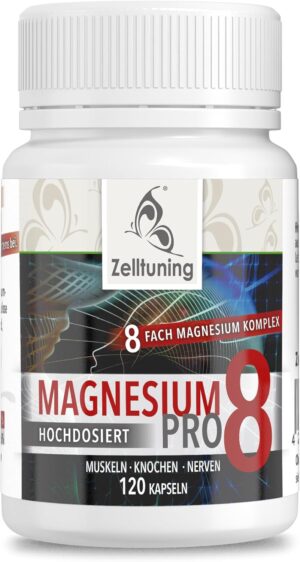 Magnesium Komplex mit B6 & Zink โ Magnesium Complex Pro 8, Optimally Bioavailable, High Dose with Natural Trace Elements, Ideal as Vitamin D Activator, 120 Capsules, Vegan, Pure Substances without Additives