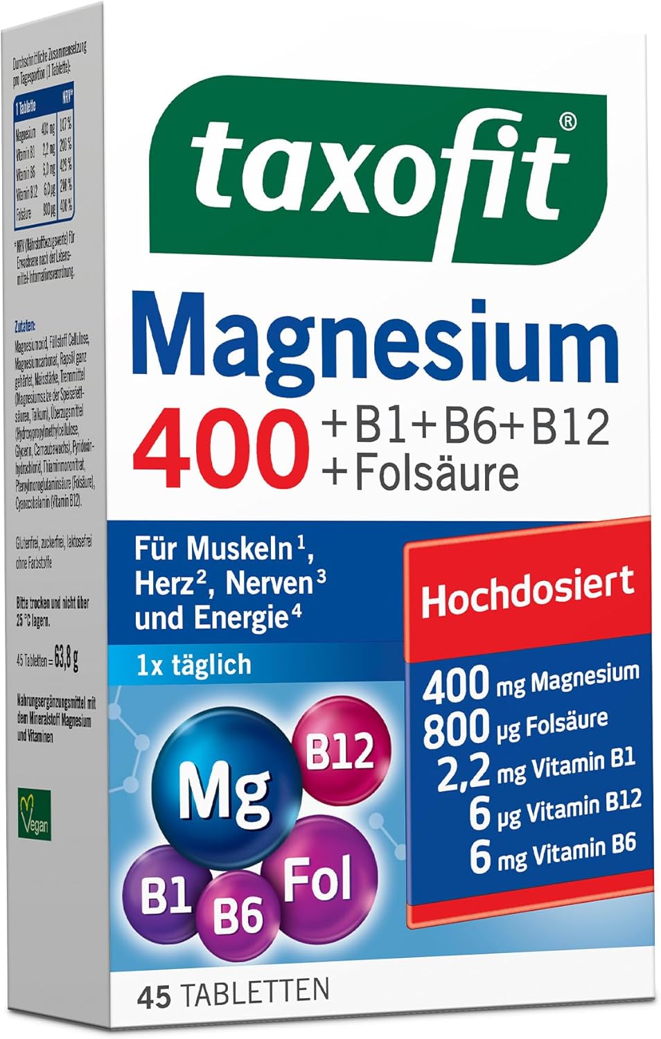 Magnesium Komplex mit B6 & Zink – taxofit® Magnesium 400 Tablets for Muscles, Heart, Nerves, Energy Metabolism & Blood Formation, High Dose, Vegan, Dietary Supplement with Magnesium, B Vitamins & Folic Acid, 5 x 45 Tablets – Bild 2