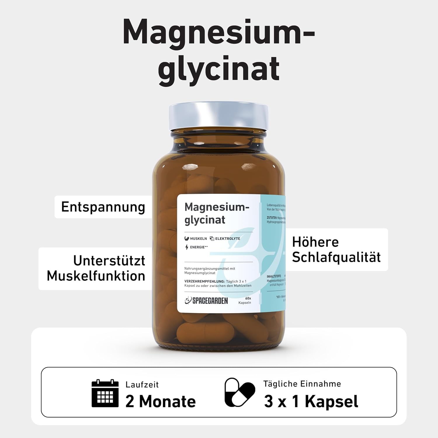 Magnesium 400 mg – Spacegarden 60 Magnesium Glycinate Capsules - High Dose & Well Tolerated - 400 mg Magnesium Glycinate & 72 mg Magnesium Per Capsule - Muscle & Relaxation Supporting, Vegan – Bild 3