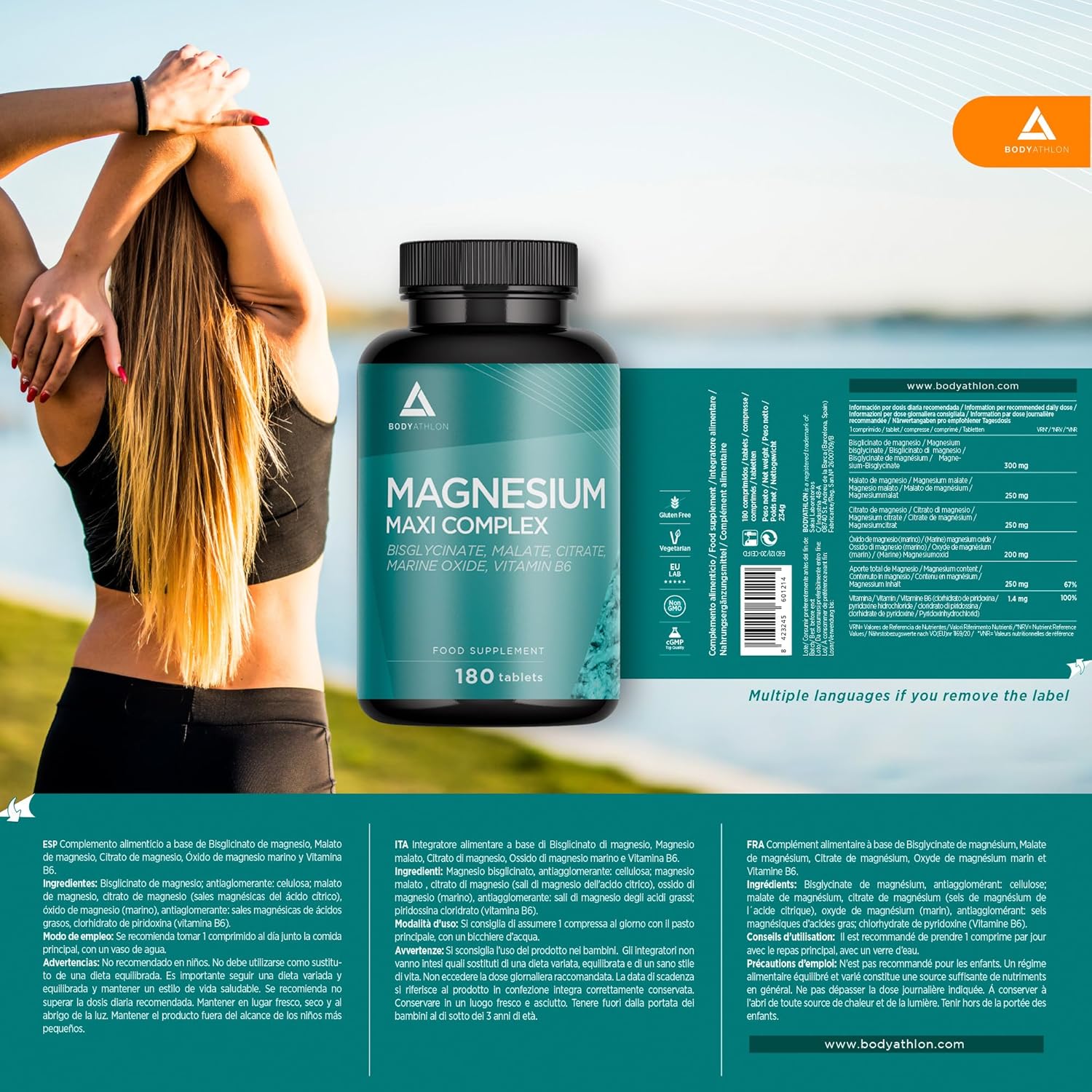 Magnesium Komplex mit B6 & Zink – Magnesium Complex | 4 Magnesium + Vitamin B6 - Magnesium Bisglycinate + Magnesium Malate + Magnesium Citrate + Magnesium Oxide - 180 Tablets - Laboratory Tested - Vegetariano, High Dose Bodyathlon – Bild 4