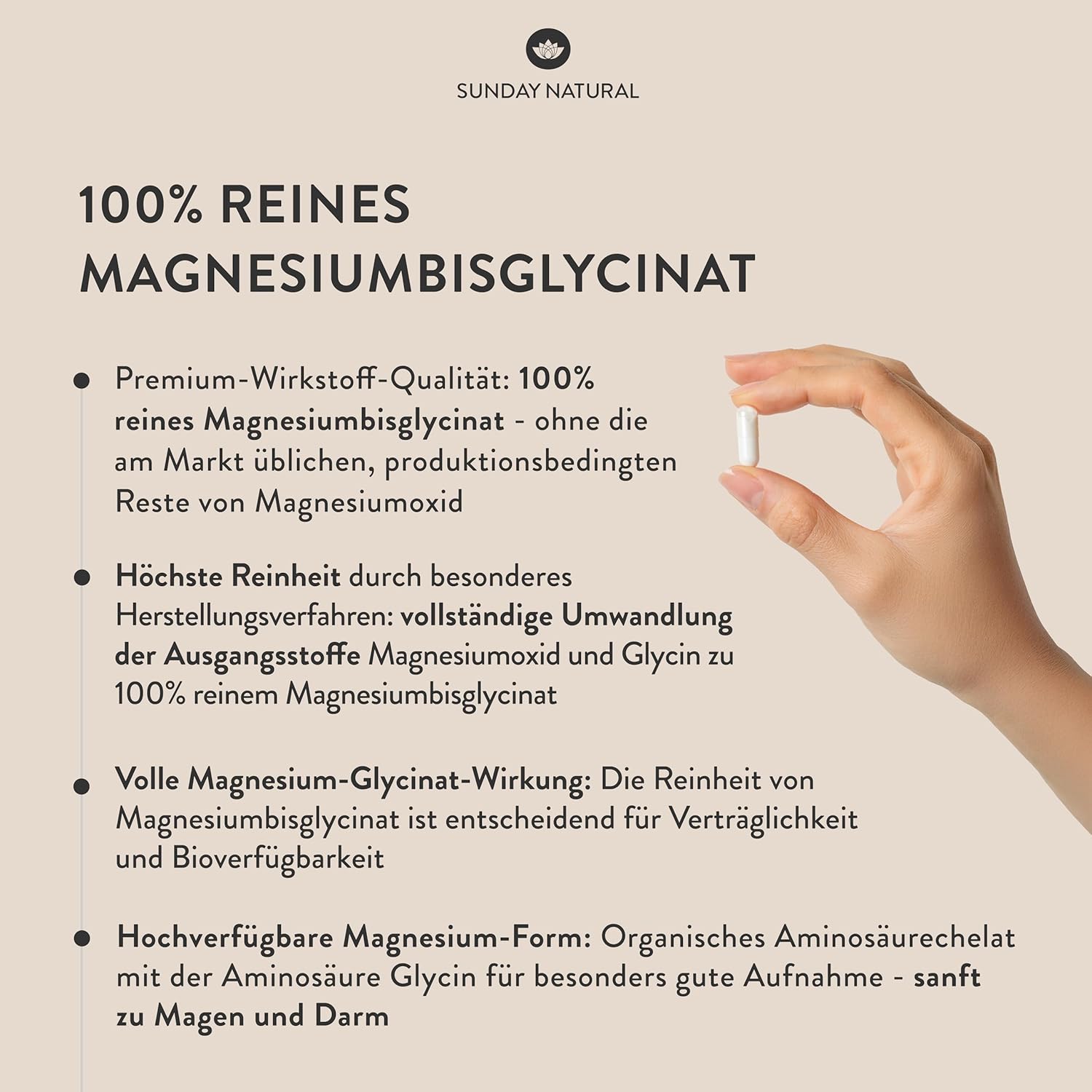 Magnesium Komplex mit B6 & Zink – SUNDAY NATURAL Magnesium Bisglycinate Premium - 240 Capsules - 150mg Pure Magnesium Glycinate Daily Dose High Dose - Magnesium Glycinate as Organic Amino Acid Chelate - Laboratory Tested, Vegan – Bild 4