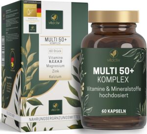 Magnesium Komplex mit B6 & Zink – Vitactiv MULTI 50 Plus Multivitamin Complex for People from 50 - Vitamins, Minerals, Trace Elements - Vitamin B, C, E, K, D, Magnesium, Calcium, Zinc - High Dosage, Hormone-Free, No Iodine - 60 Capsules