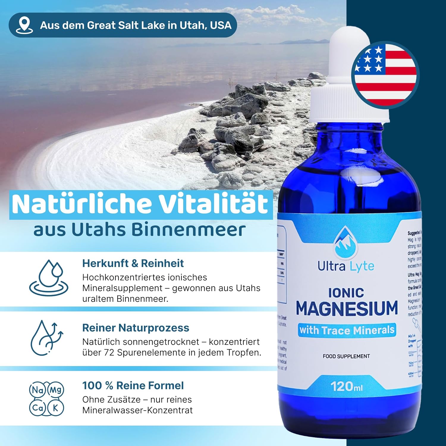 Magnesium 400 mg – Ultra Lyte Magnesium 400 mg Ionic Minerals Supplement 118 ml 30 Servings Highly Concentrated Liquid Minerals Reduces Fatigue & Fatigue - Supports Electrolyte Balance & Muscle Function – Bild 4