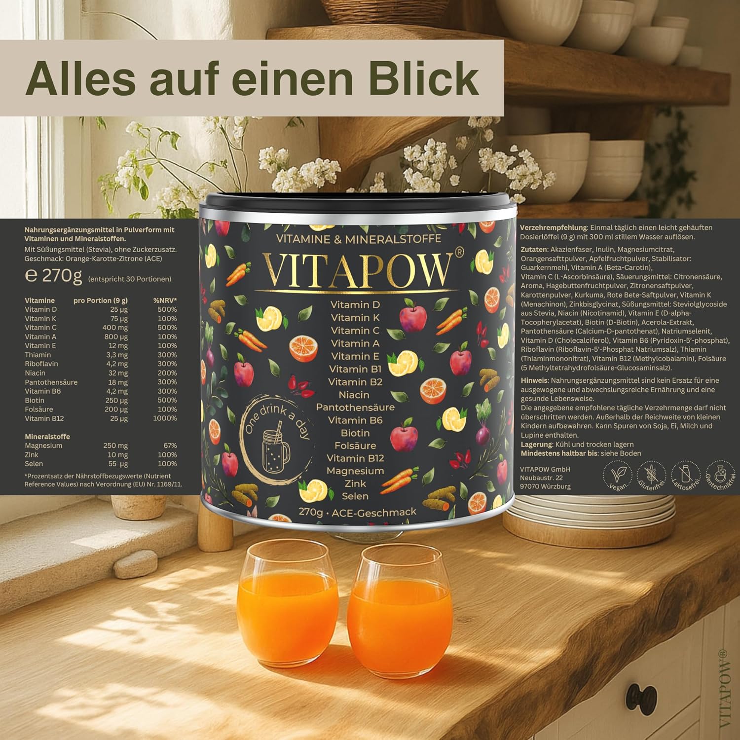 Magnesium Komplex mit B6 & Zink – Multivitamin Powder + Magnesium, Zinc & Selenium - Vitamins A-Z High Dose - Strengthen Immune System - High-Quality Micronutrients - No Added Sugar - Vegan - Made in Germany - ACE Flavour – Bild 7