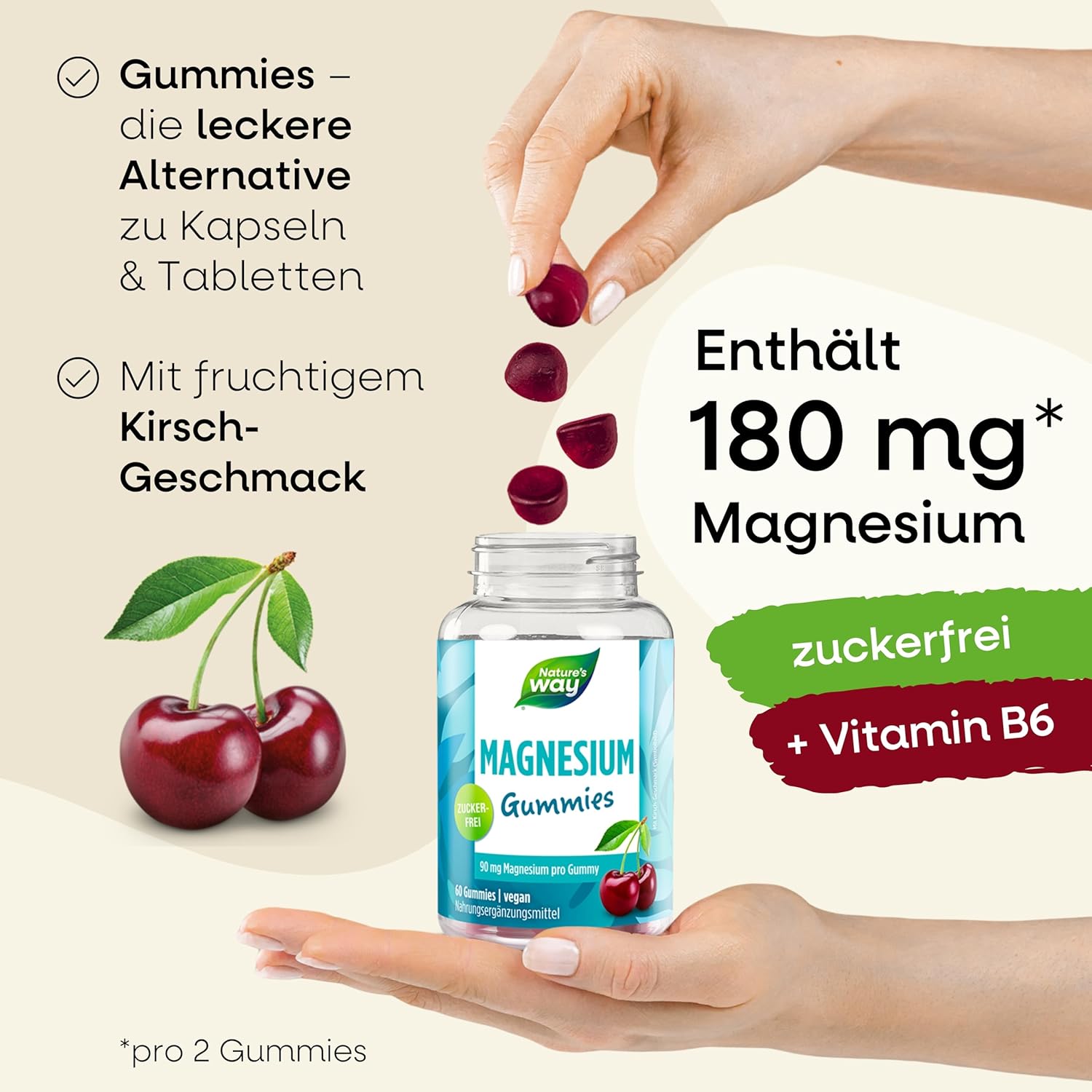 Magnesium 400 mg – Sugar-Free Magnesium Gummies High Dose for Adults and Children from 7 Years I 180 mg Magnesium Citrate and Vitamin B6 for Relaxed Muscles and Nerves I Vegan I Pack of 60 – Bild 2
